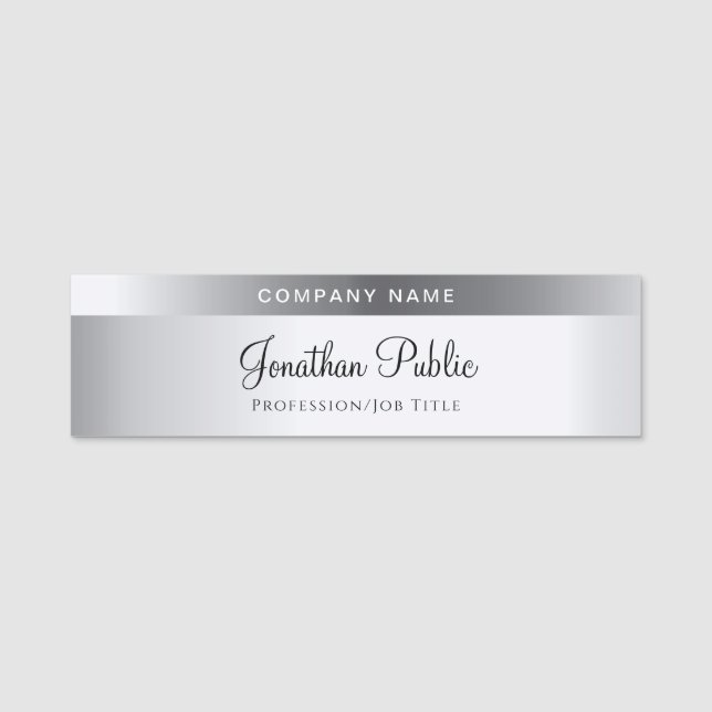 Silver Look Template Modern Handwritten Script Name Tag (Front)