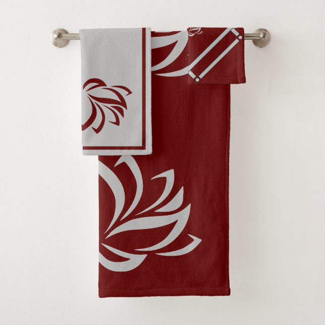 Silver Lotus and Burgundy Bath Towel Set (Insitu)