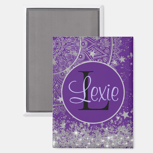 Silver Lotus Mandala  Silver Stars on Purple    Magnet (Front/Back)