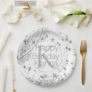Silver Lotus Mandala Stars Monogram Birthday Paper Plate