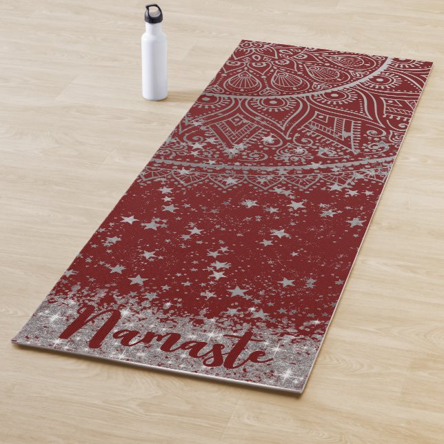 Silver Lotus Mandala with Silver Stars on Red Yoga Mat (In Situ)