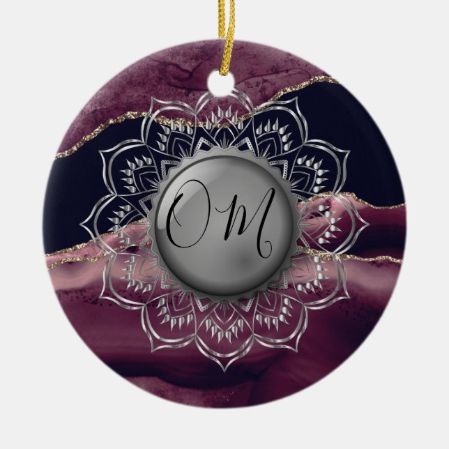 Silver Lotus OM Mandala Lavender Marble  Ceramic Ornament (Front)