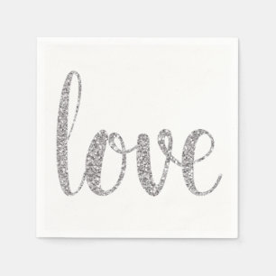 Silver love cocktail napkins, glitter font napkin