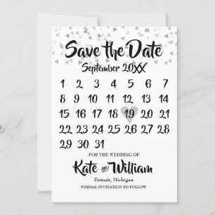 Silver Love Hearts Confetti Calendar Save the Date