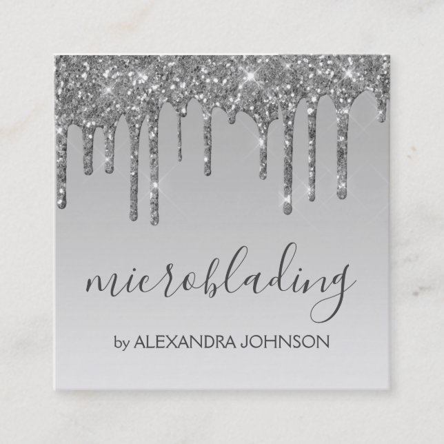 Silver Luxury Glitter Sparkle Microblading Square Business Card (Front)