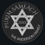 Silver Magen David Custom Purim Any Holiday Classic Round Sticker<br><div class="desc">Create your own custom Purim stickers with this elegant faux silver glitter Magen David design or edit PURIM SAMEACH for any holiday or occasion. The grey silver Star of David is accented by an optional year in dark silvery grey in the centre and two soft grey silver text templates in...</div>