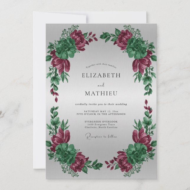 Silver Magenta Peony Wedding Invitation (Front)