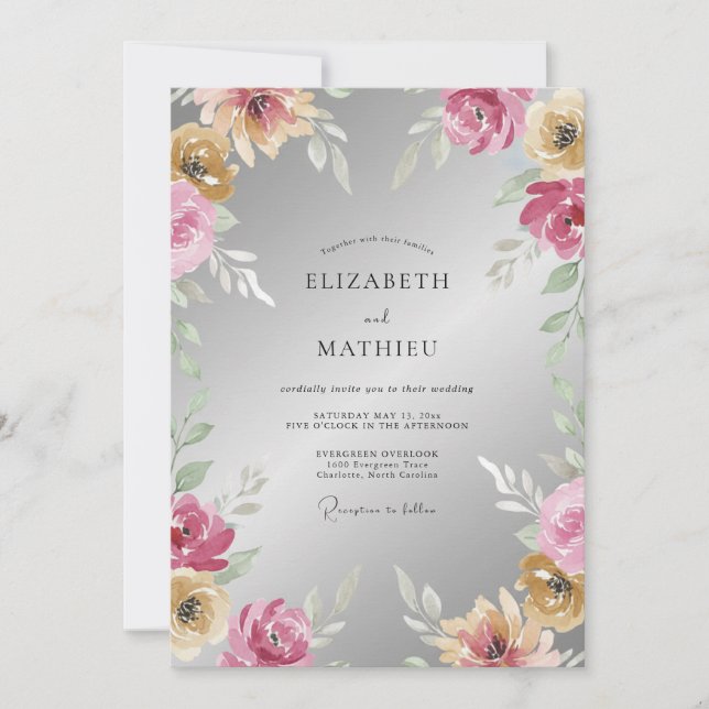 Silver Magenta Petal Wedding Invitation (Front)