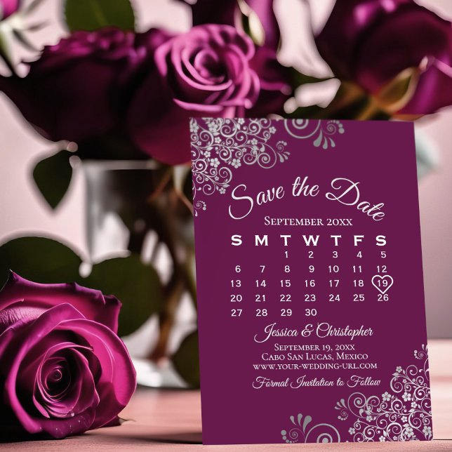 Silver & Magenta Plum Elegant Wedding Calendar Save The Date (Creator Uploaded)
