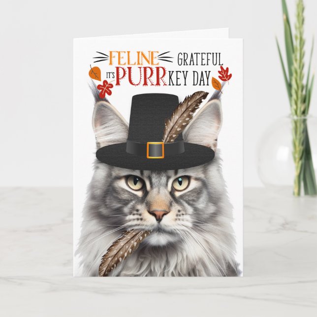 Silver Maine Coon Cat Grateful for PURRkey Day Holiday Card (Front)