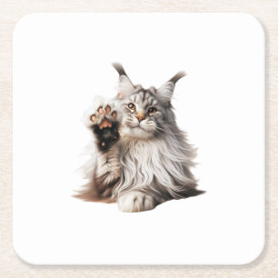 Silver Maine Coon Cat Raising Paw Decorative Coast Square Paper Coaster