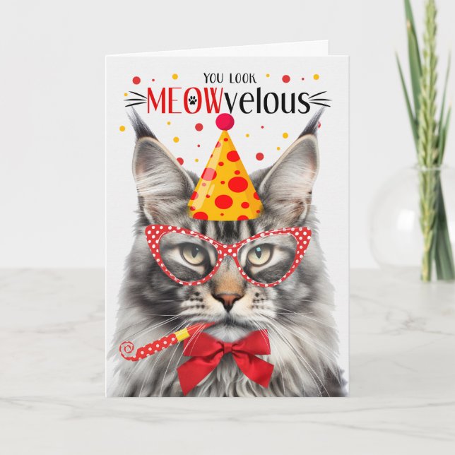 Silver Maine Coon Tabby Cat MEOWvelous Birthday Card (Front)