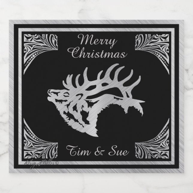 Silver Majestic Bull Elk Silhouette Beer Bottle Label (Single Label)