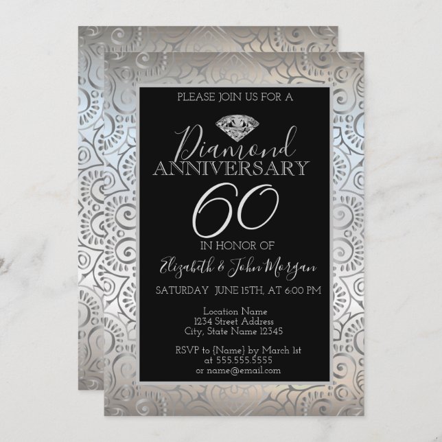Silver Mandala Diamond Wedding Anniversary Invitation (Front/Back)