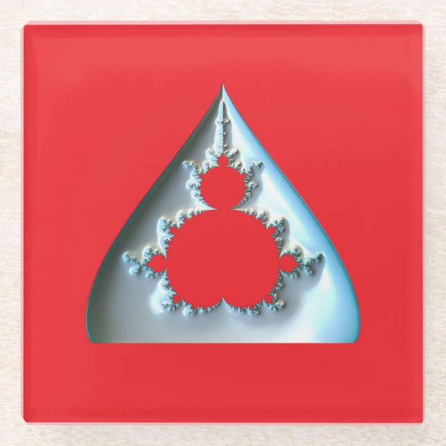 Silver Mandelbrot On Red Background Glass Coaster (Front)