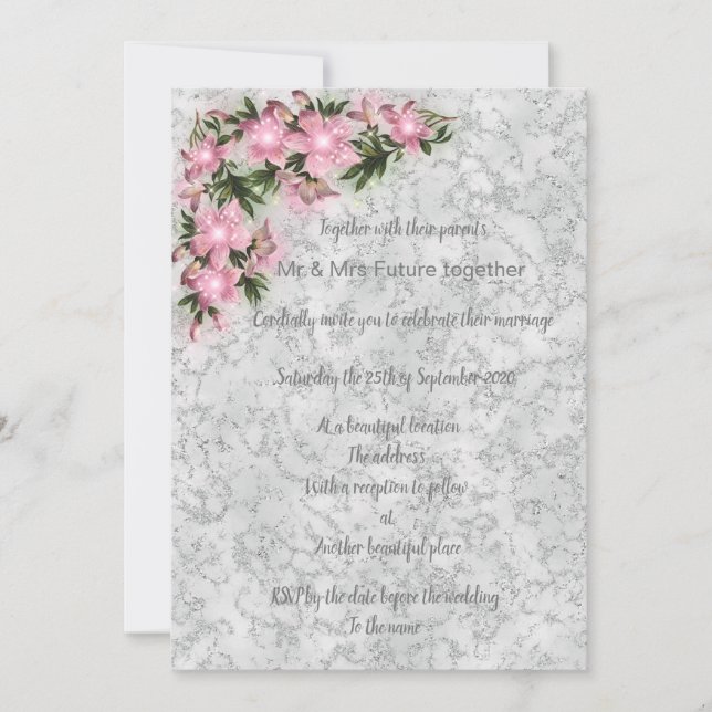 Silver marble floral wedding with pink floral invitation (Front)