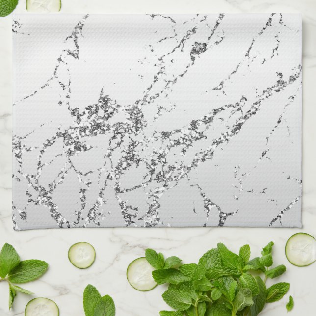 Silver Marble Glam Glitter  Tea Towel (Folded)