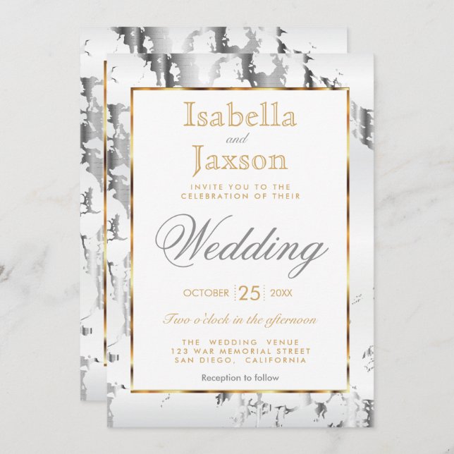 Silver Marble, Gold and White Invitation (Front/Back)