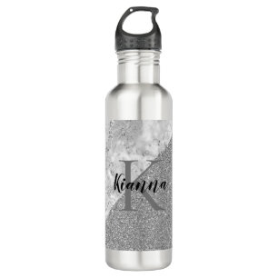 Silver Marble Silver Glitter Monogram     710 Ml Water Bottle