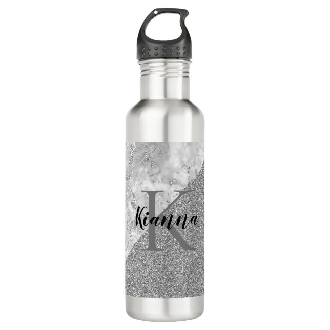 Silver Marble Silver Glitter Monogram     710 Ml Water Bottle (Front)