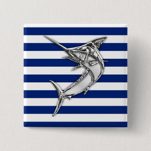 Silver Marlin Swordfish on Navy Stripes 15 Cm Square Badge
