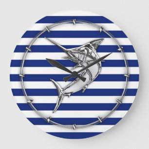 Silver Marlin Swordfish on Navy Stripes Large Clock