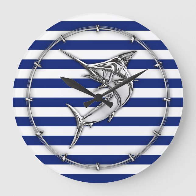 Silver Marlin Swordfish on Navy Stripes Large Clock (Front)