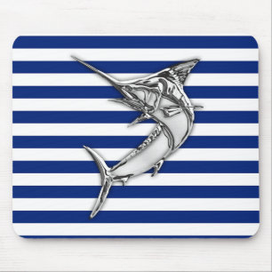 Silver Marlin Swordfish on Navy Stripes Mouse Pad