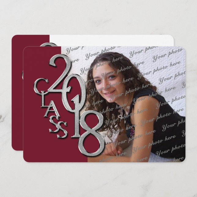 Silver Maroon 2018 Photo Graduation Invitation (Front/Back)