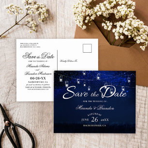 Silver Mason Jar String Lights Blue Save the Date Announcement Postcard
