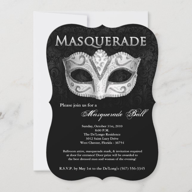 Silver Masquerade Ball Mask Costume Halloween Part Invitation (Front)