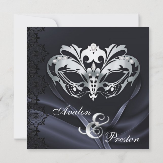 Silver Masquerade Black Jewelled Wedding Invitatio Invitation (Front)