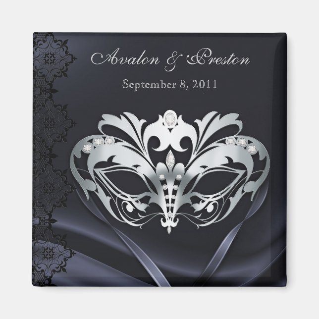 Silver Masquerade Black Save The Date Magnet (Front)