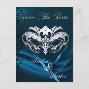 Silver Masquerade Blue Jewel Save The Date Announcement Postcard