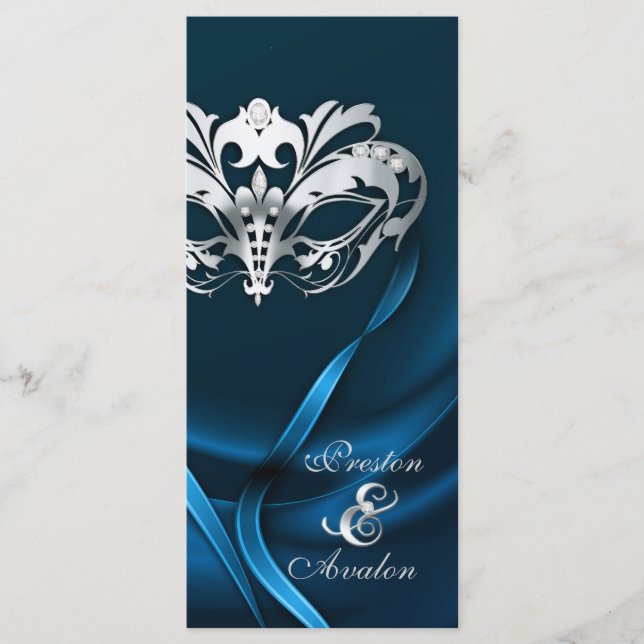 Silver Masquerade Blue Jewelled Wedding Program (Front)