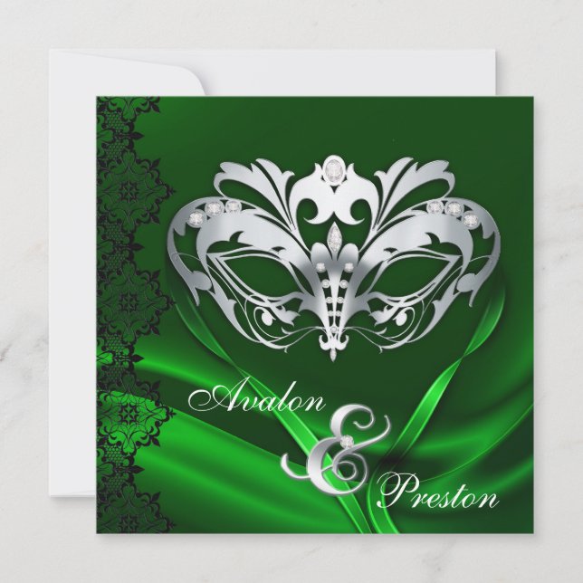 Silver Masquerade Green Jewelled Wedding Invitatio Invitation (Front)