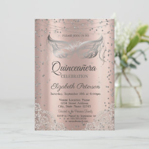 Silver Masquerade, Lace Rose Gold Quinceañera    Invitation