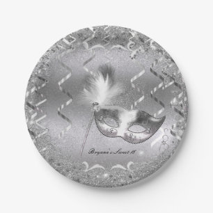 Silver Masquerade Mask Elegant Ball Birthday Party Paper Plate