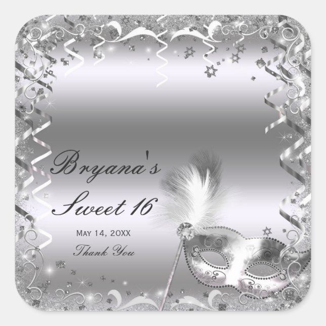 Silver Masquerade Mask Elegant Ball Birthday Party Square Sticker (Front)