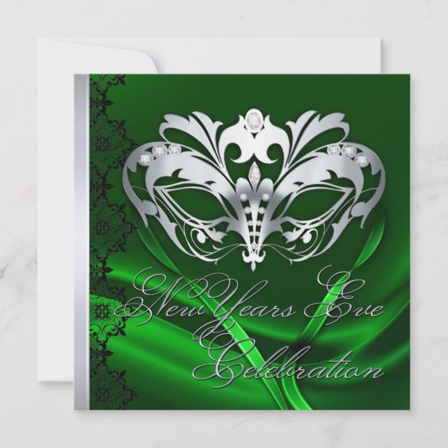 Silver Masquerade Mask Green New Years Invitation (Front)