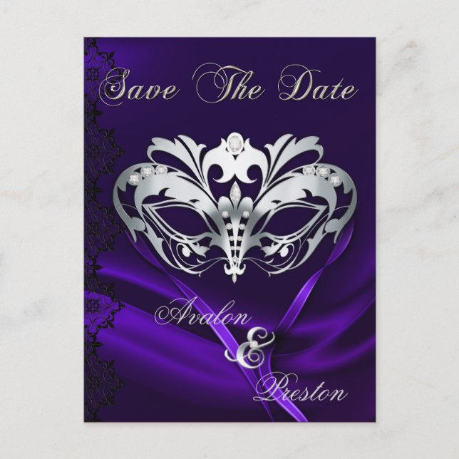 Silver Masquerade Purple Jewel Save The Date Announcement Postcard (Front)