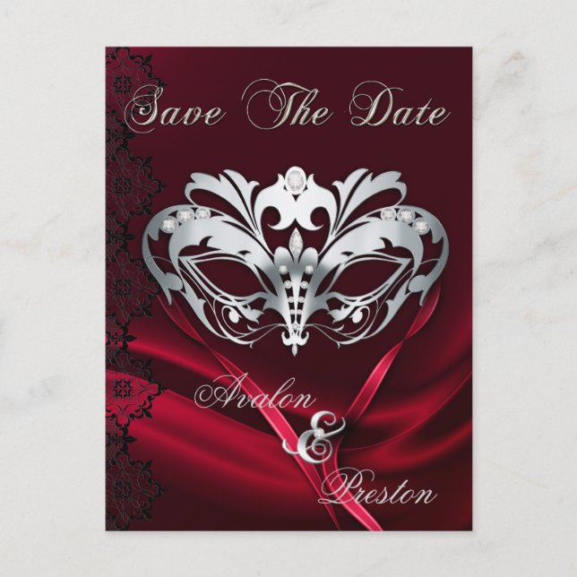 Silver Masquerade Red Jewel Save The Date Postcard (Front)