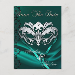 Silver Masquerade Teal Jewel Save The Date Announcement Postcard