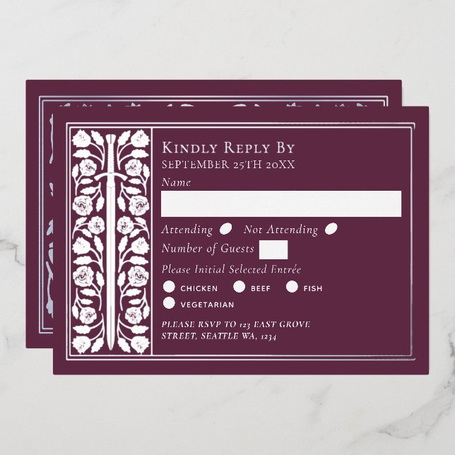 Silver Mauve Mediaeval Sword Wedding RSVP (Front/Back)