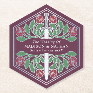 Silver Mauve Royal Medieval Floral Sword Wedding Paper Coaster