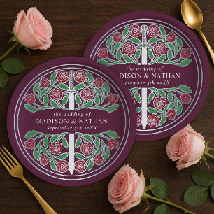 Silver Mauve Royal Medieval Floral Sword Wedding  Paper Plate