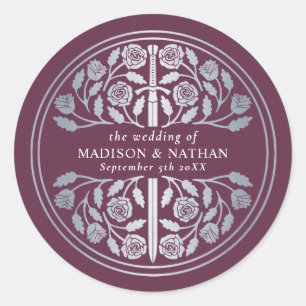 Silver Mauve Royal Medieval Sword Wedding  Classic Round Sticker