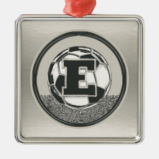 Silver Medal Soccer Monogram Letter E Metal Tree Decoration (Front)