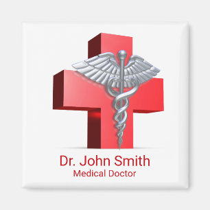 Silver Medical 3D Caduceus Cross Red Magnet