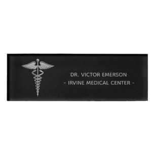Silver Medical Caduceus Black Personalised Name Tag